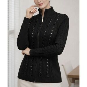 Vintage Y2K Boston Proper Beaded Zip Cardigan Sweater Women M Black Cable Knit